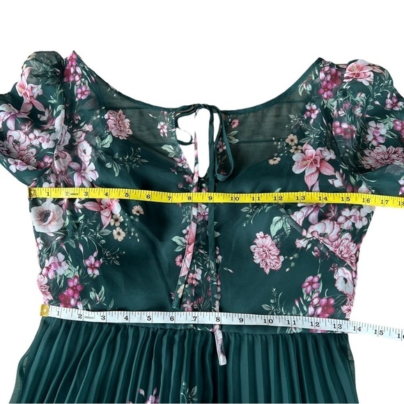 Marchesa Notte Emerald Floral Chiffon Dress Blouson Sleeve Pleated Skirt NWT - Picture 13 of 15